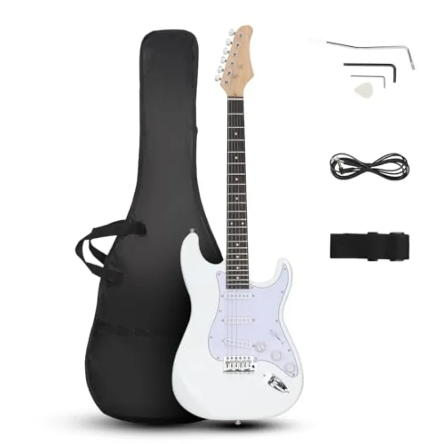 

39 Inch Electric Guitar for beginners: solid body, white finish, includes gig bag, strap, tremolo bar, cable picks