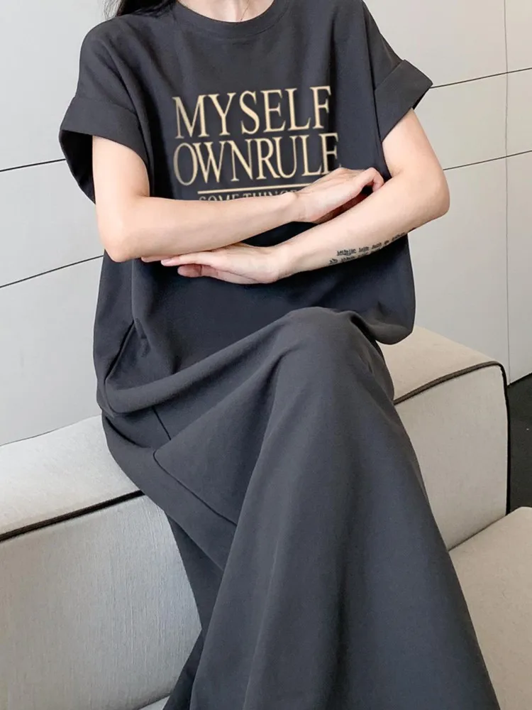 T-shirt a maniche corte primavera estate Abito lungo da donna di media lunghezza allentato casual plus size Abito con maniche volanti piccolo Nuovo stile