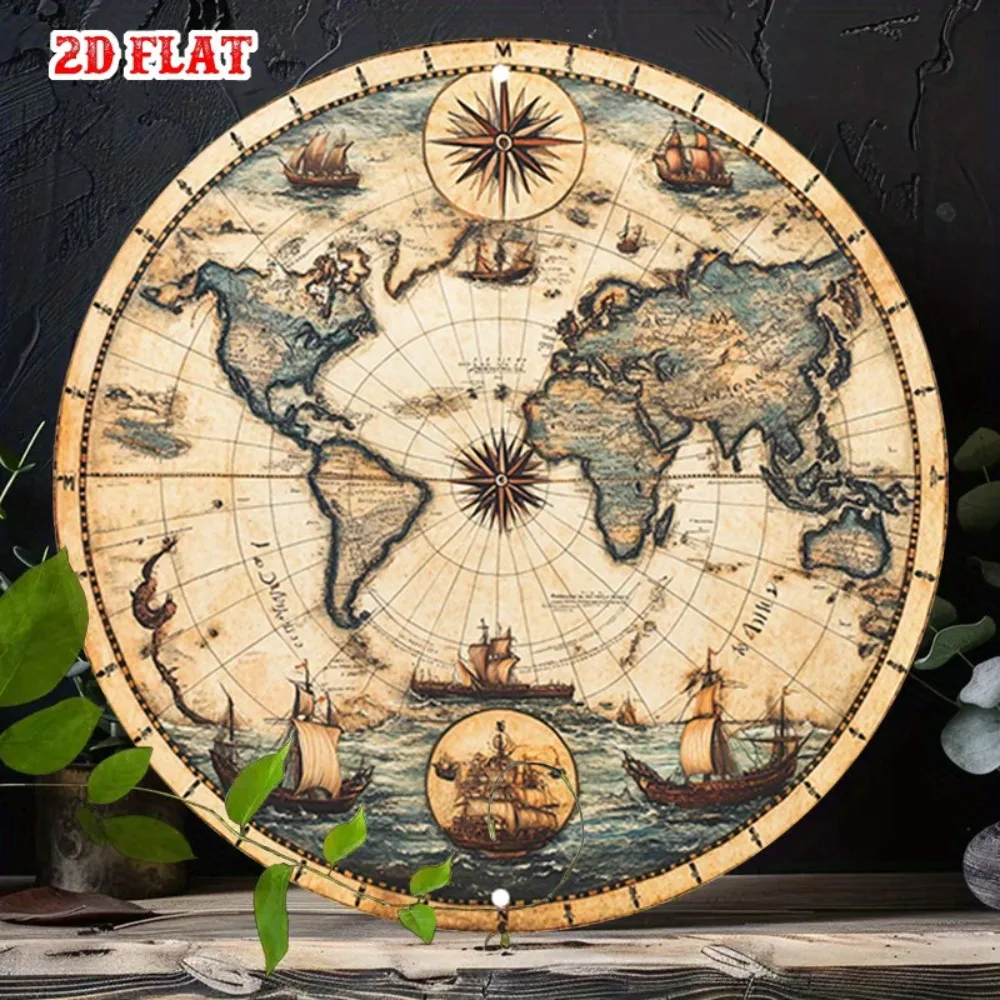 Vintage Nautical World Map Aluminum Wall Art 12in Waterproof Durable For Home Cafe Restaurant Decor