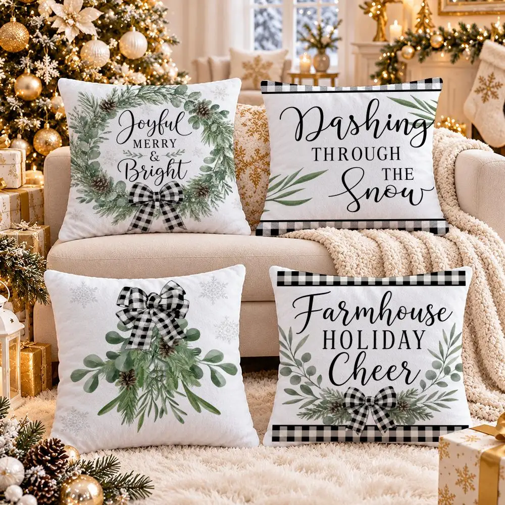 Christmas Wreath Cushion Cover Short Plush Double-Sided Print Festival Pillow Case for Living Room Sofa Home Decor