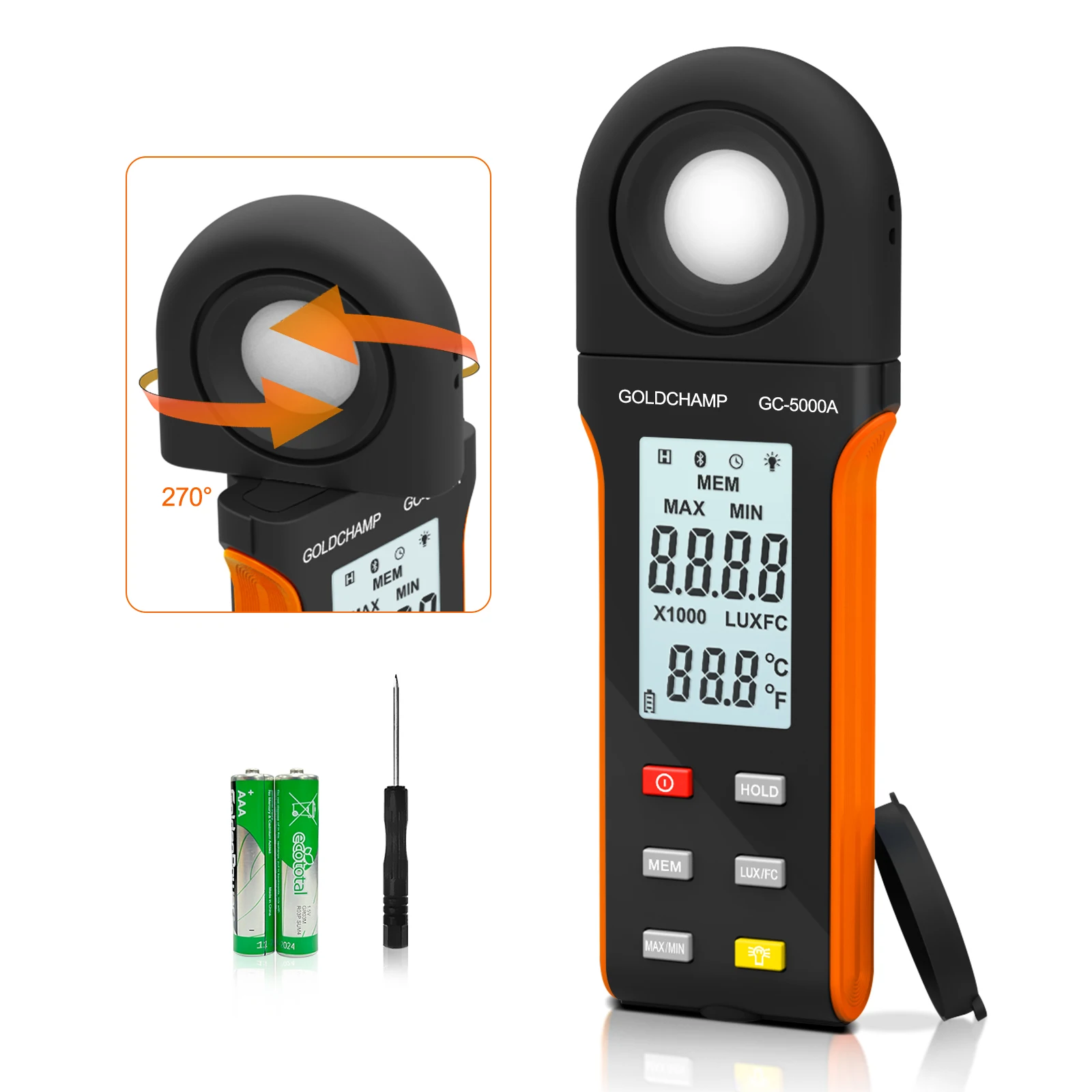 

Digital Illuminance Light Meter up to 400,000 Lux, 270º Rotatable Sensor, Data Logging, Temp (℃/℉) for Plants & Offices