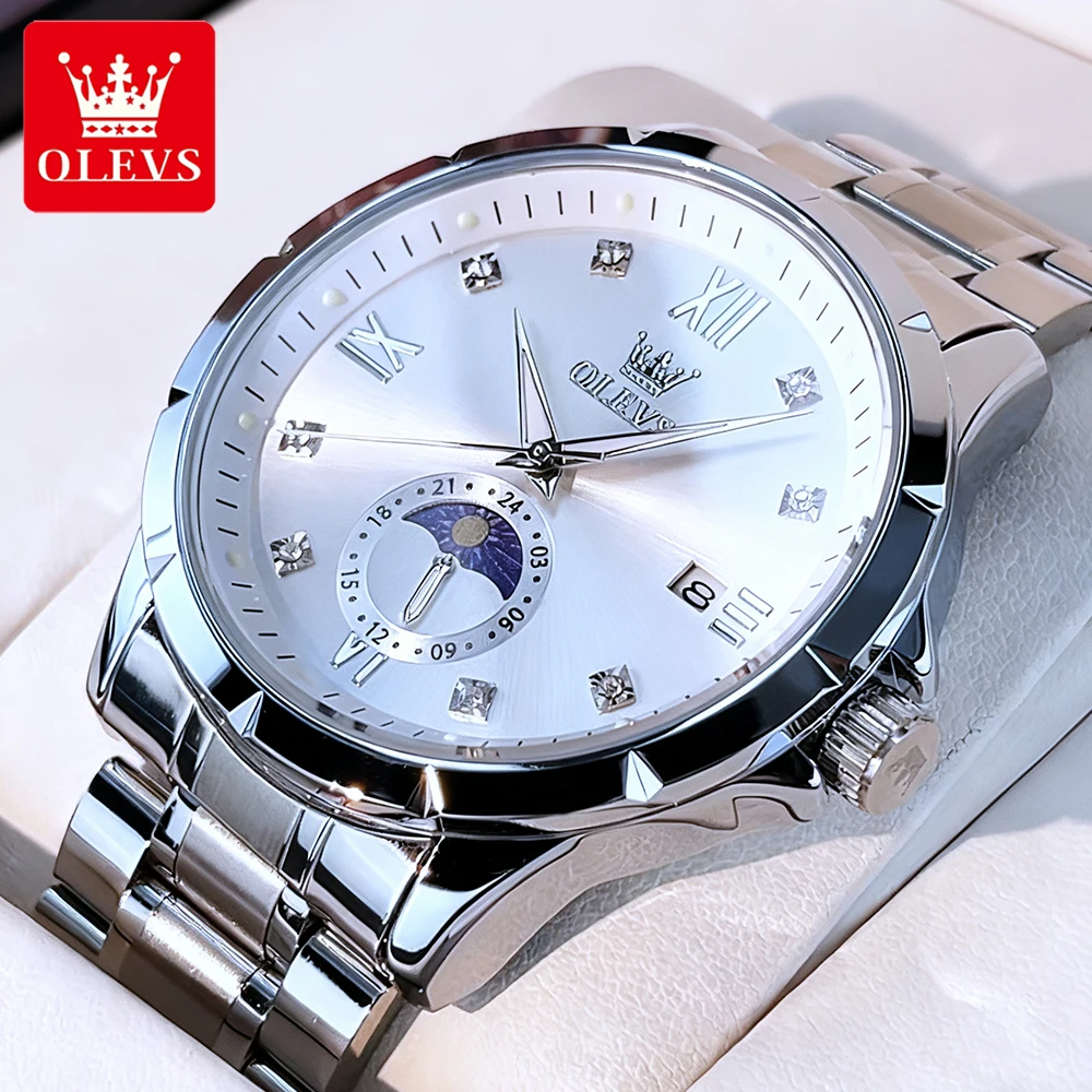 OLEVS ساعات رجال الأعمال عادية مقاوم للماء الفولاذ المقاوم للصدأ العلامة التجارية الأعلى الأصلي كوارتز ساعة اليد مرحلة القمر مضيئة 2956 جديد