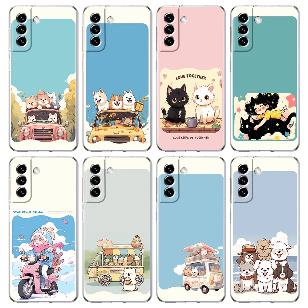 Phone Case For Samsung Galaxy S26 S25 S24 Plus S23 FE S22 S21 S20 Ultra 5G S10 Soft Clear Cover Cute Cartoon Dog Cat Vehicle