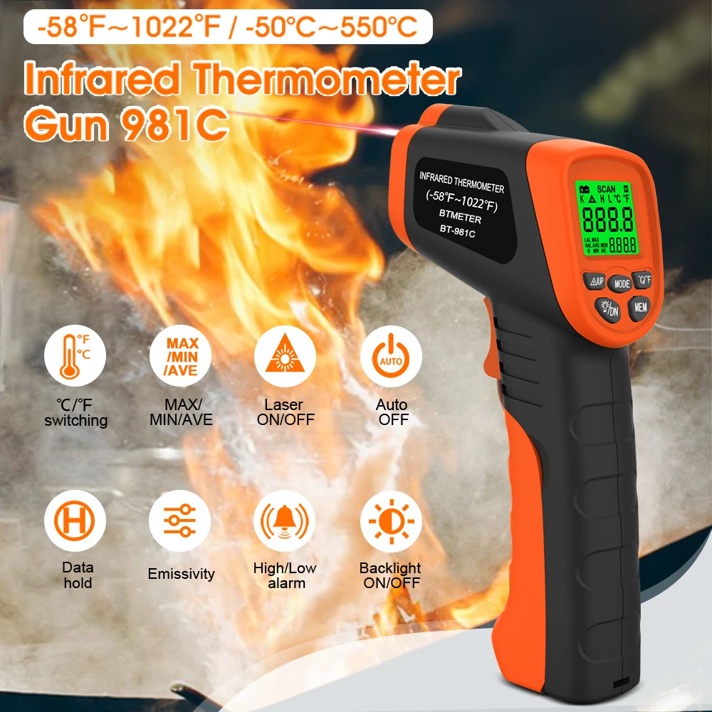 BTMETER BT-981C Infrared Induction Thermometer, Measurement Range -50℃ To 550℃, Laser Sensor Temperature Gun, Instrument Tools