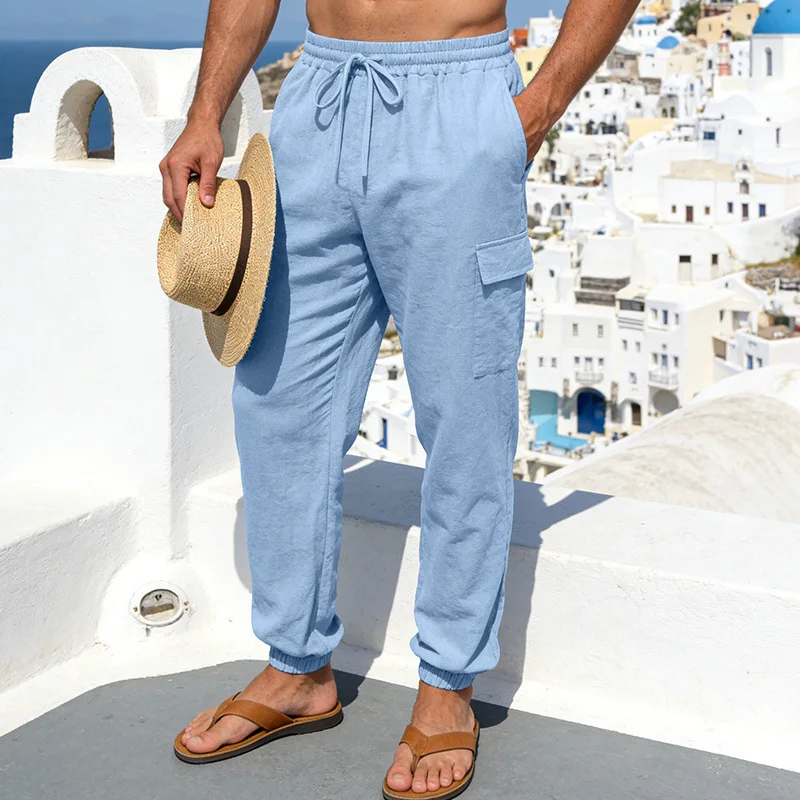 

Мужские льняные джоггеры-карго свободного кроя с завязками на талии и боковыми карманами, повседневные уличные брюки для Amazon Summer
