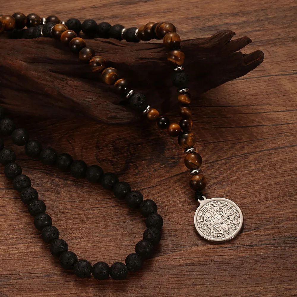 1 قطعة حجر عين النمر الطبيعي الصليب سانت بنديكت قلادة للرجال الحمم الحجر مطرز ميدالية سان بينيتو قلادة رجل مجوهرات