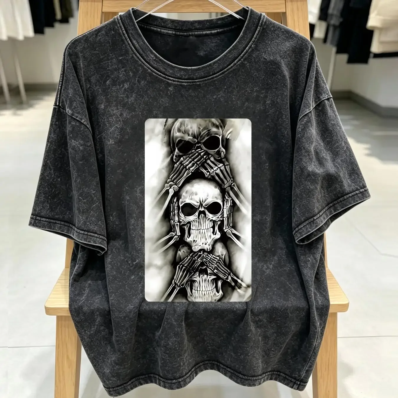 washed T Shirt Cool Skull Design See No Evil Hear Speak Size S 5XL vintage Washed Breathable homme Top For Everyday Wear
