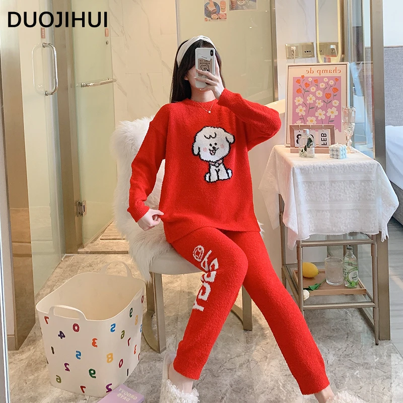 DUOJIHUI Red Lovely Print Fashion 3-colors Pajamas for Women Classic O-neck Pullover Simple Pant Loose Casual Female Pajamas Set