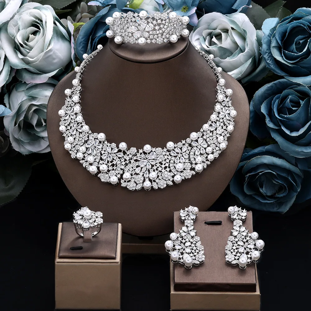 New Women Imitation Pearl Cubic Zirconia Jewelry Set Necklace Earrings Bracelet Ring Bridal Wedding Christmas Gift Accessory