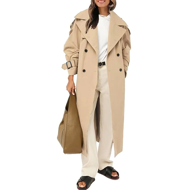 Notched Lapel Double Breasted Slim Fit Coat Socialite Style with Turn Down Collar Raglan Sleeve Long Skirt Spring Coat for Women
