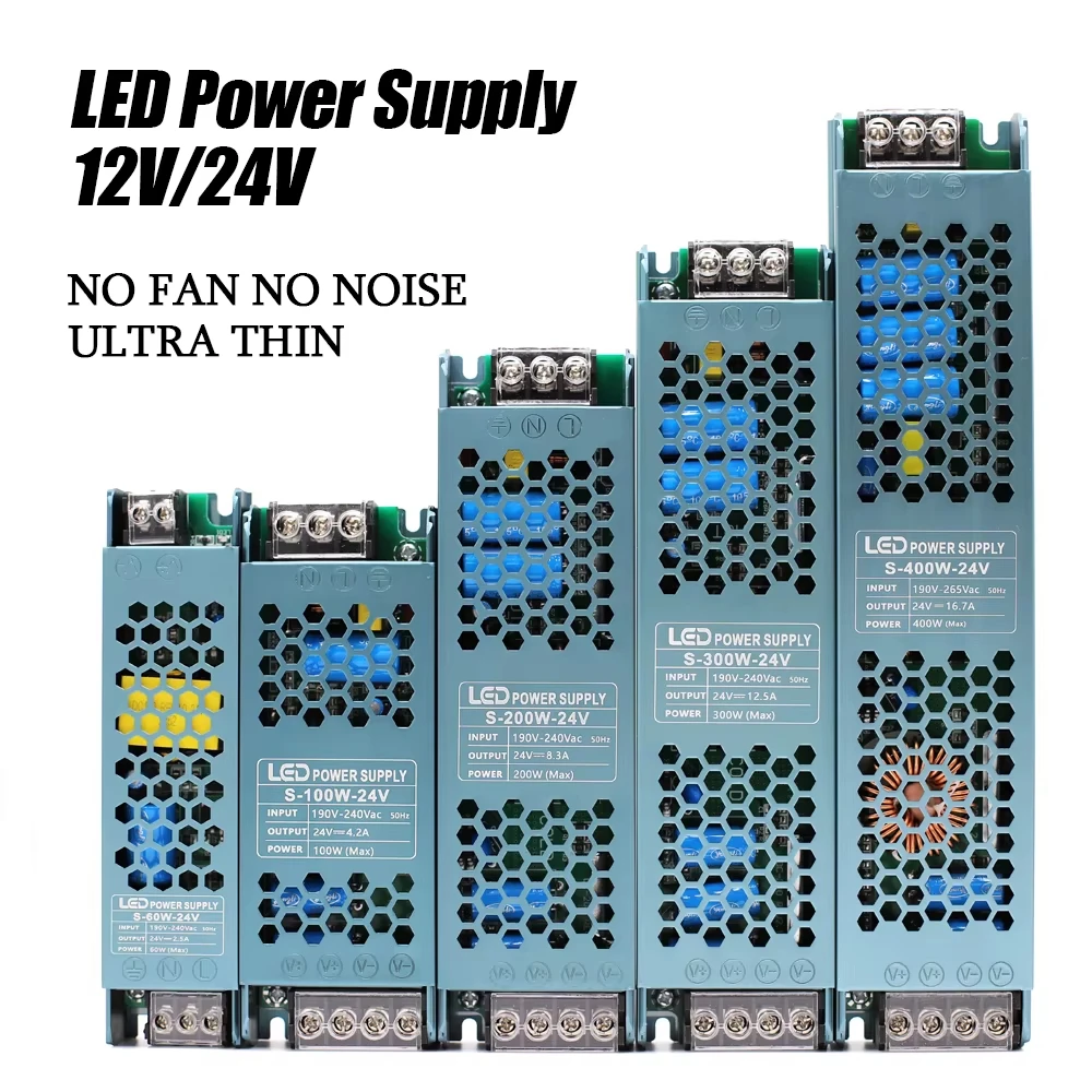 

LED Lighting Transformers Driver 12V/24V Mute Power Supply Source 60W 100W 200W 300W 400W 200-240V Led Strip Converter Adapter