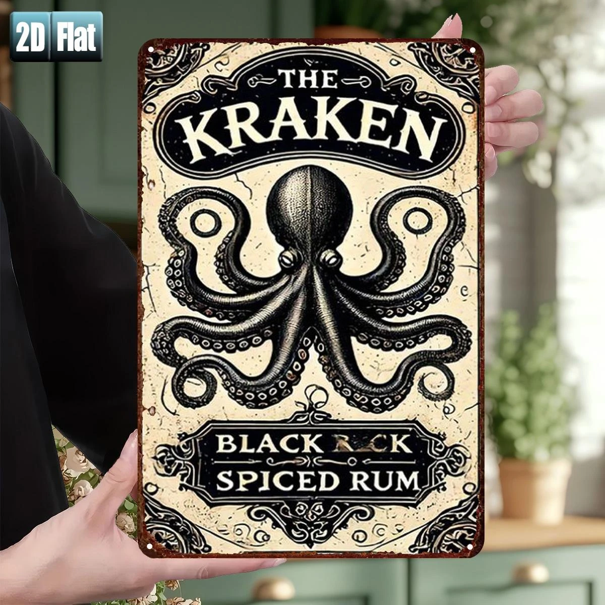 Letrero metálico 2D plano, 1 unidad, The Kraken Black Spiced Rum, decoración de pared retro vintage, adecuado para bar, restaurante, garaje, cueva