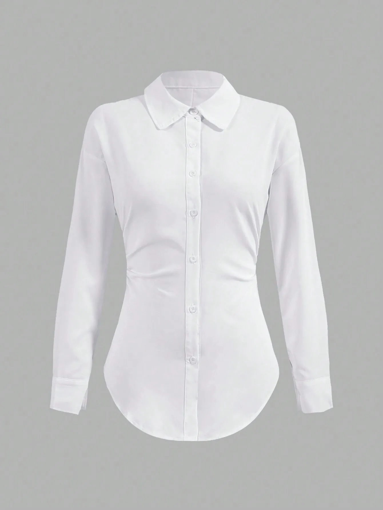 

Women's White Long Sleeve Button Down Shirt with Ruched Waist and Asymmetrical Hem