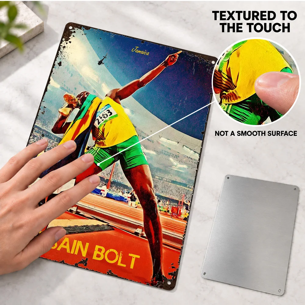 Usain Bolt Pointing Pose Printed Poster Customized Aluminum Metal Sign Sprint Gesture Bright Stencil Wall Art For Training Room