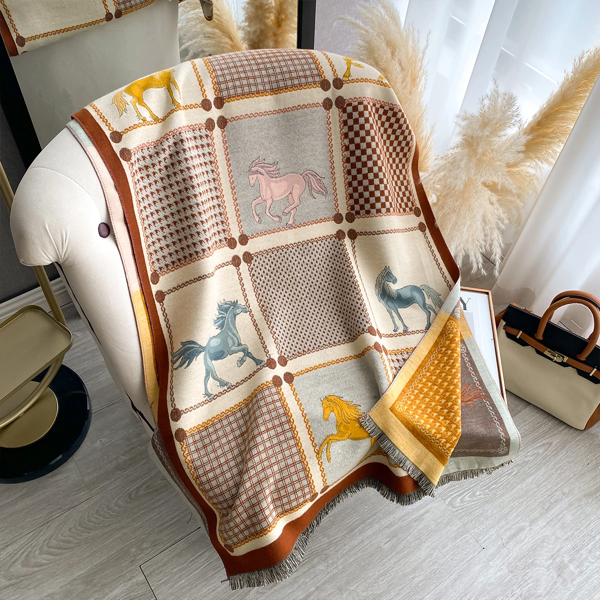 Neue Luxus Marke Zweiseitige Jacquard Schal Kaschmir Weiche Warme Fringe Pashmina Das Pferd Schal Winter Kältebeständig Winddicht Decke – Detail 12