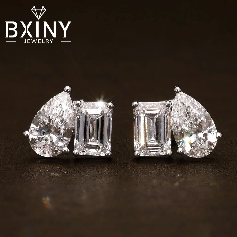 

BXINY 4cttw 2-Stone Moissanite Stud Earrings S925 Silver Emerald&Pear Cut Diamomd Ear Studs for Women Gift Jewelry GRA Certified
