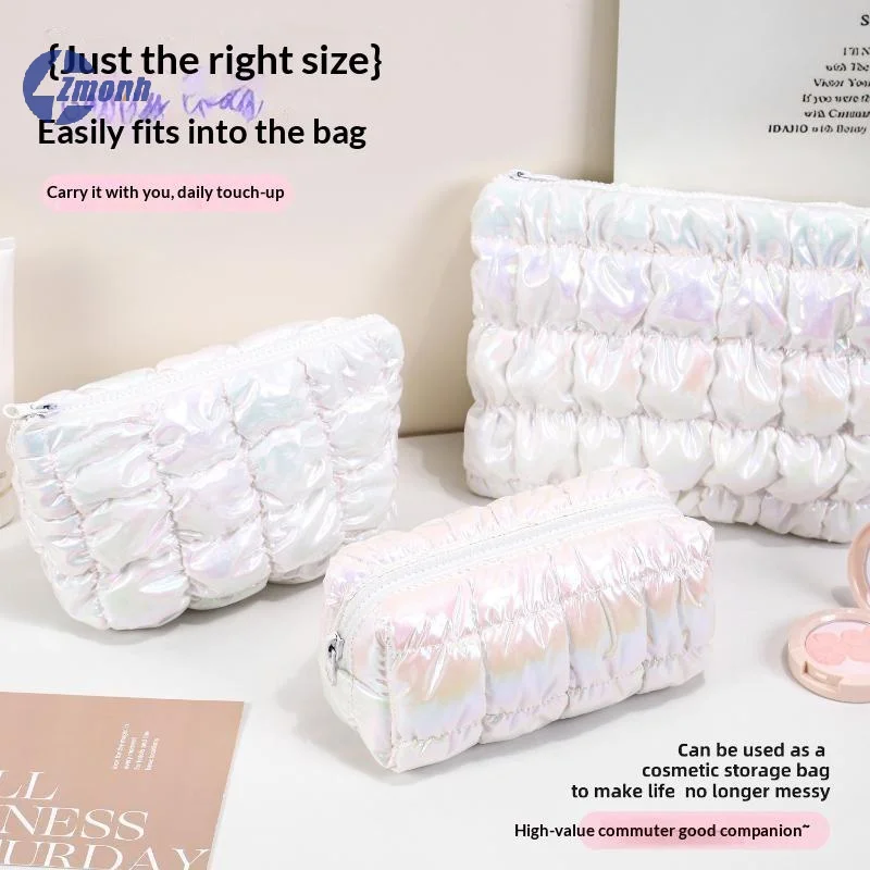 New！Iridescent Pink Puffy Makeup Bag With Bubble Grid Design Large Capacity For Travel Daily Cosmetic Storage