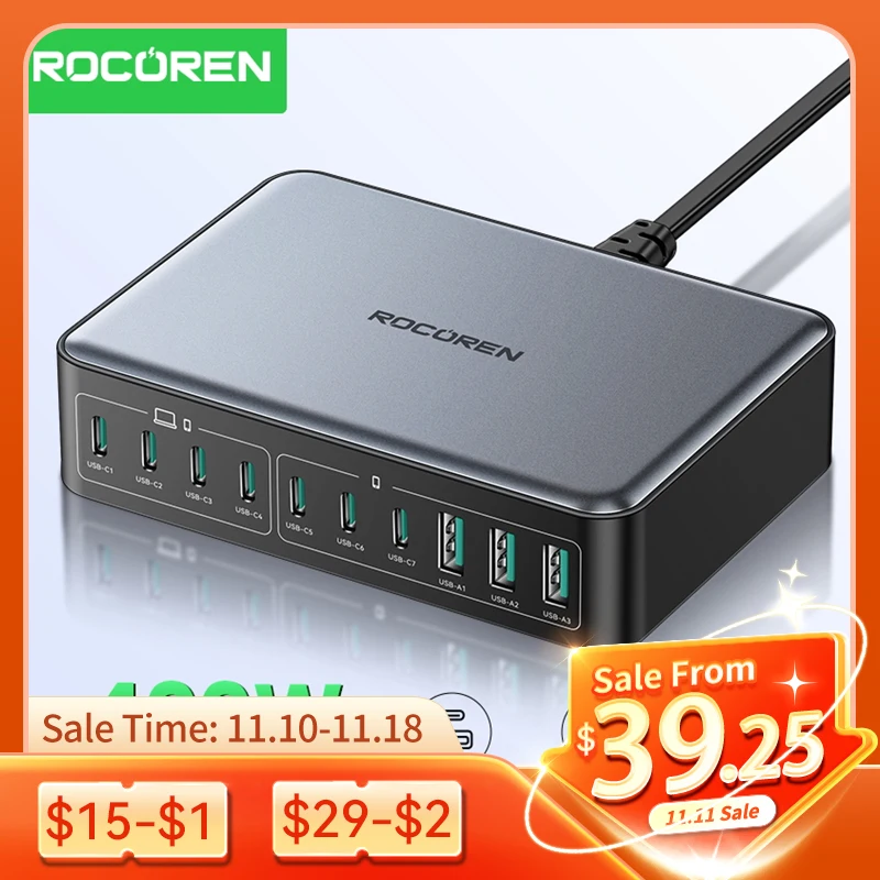 Rocoren 400W USB Type C Fast Charger Portable 10 in 1 Desktop Power Station Type-C Gan Charger For iPhone 16 Pro Max MacBook Air