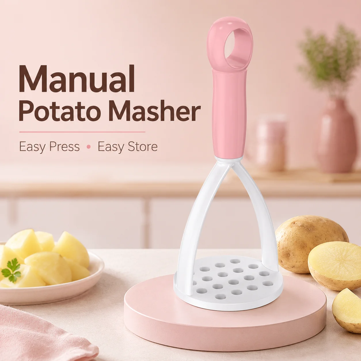 Pink Manual Potato Masher, Handheld Vegetable Press with Perforated Plate, Easy-Grip Kitchen Tool for Potatoes, Pumpkin, Carrots and Baby Food Prep