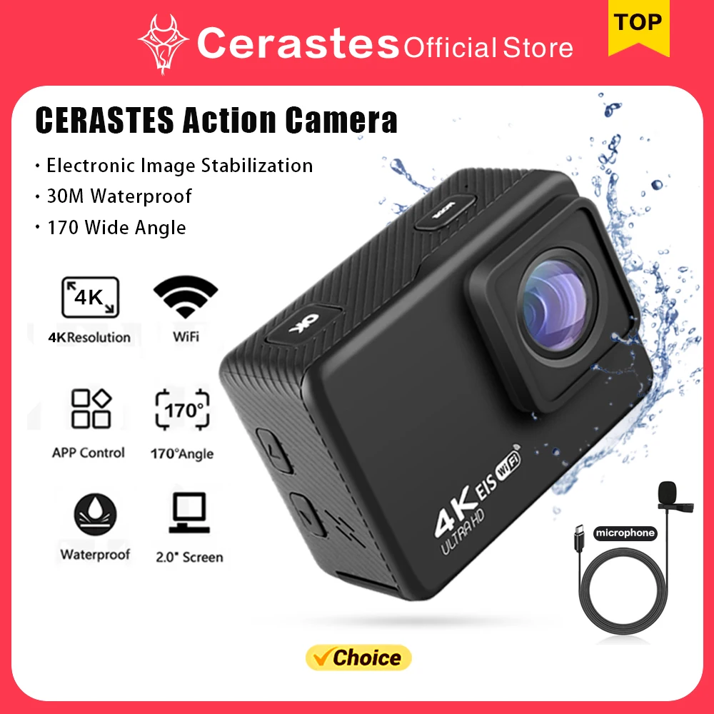 CERASTES Action Camera 4K 60FPS WiFi Anti-shake With Remote Control Screen Waterproof Sport Camera drive recorder EIS