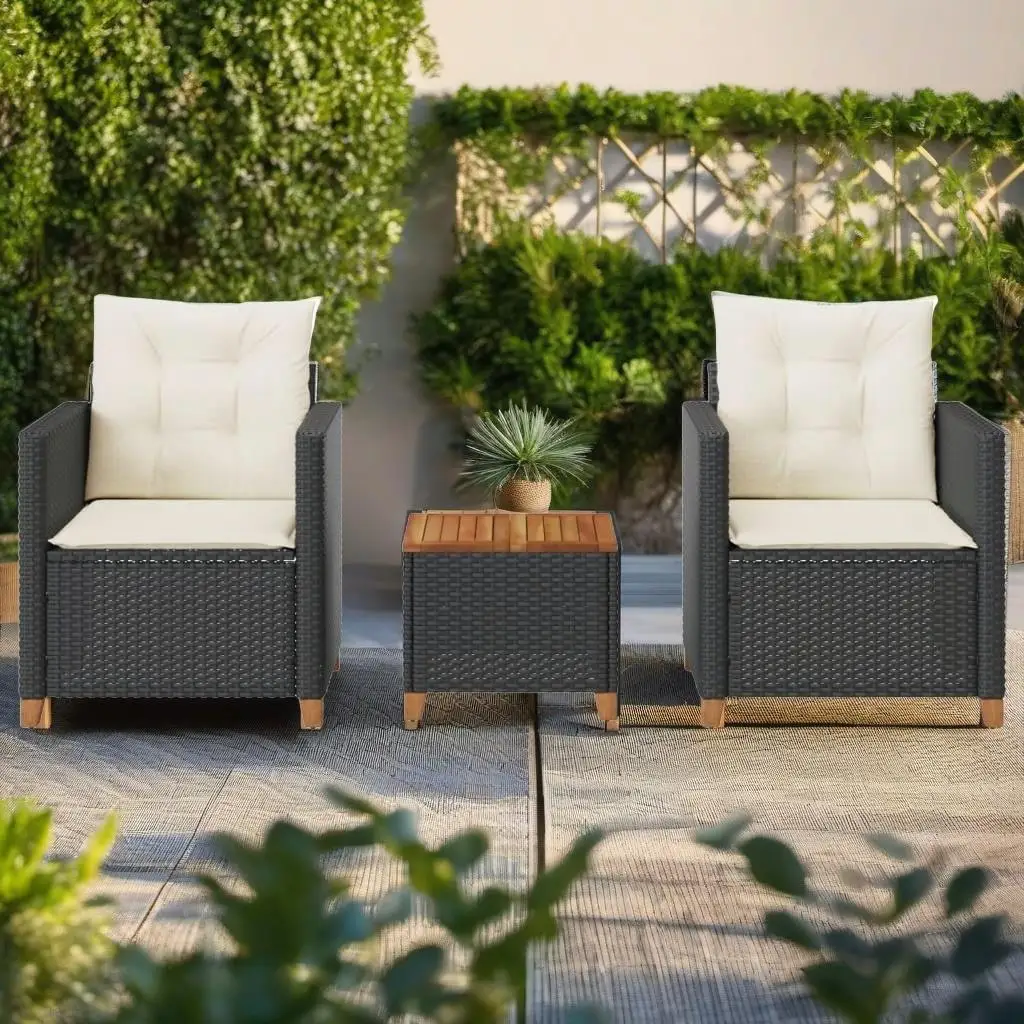 3-Piece Black Poly Rattan Bistro Set with Cushions & Acacia Wood Table - Outdoor Patio Furniture