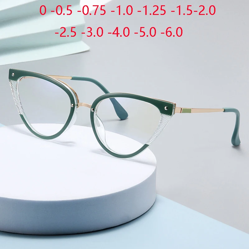 Green Frame Anti-blue Light Cat Eye Prescription Eyeglasses With Cylinder TR90 Nearsighted Glasses For Women 0 -0.5 -0.75 To -6