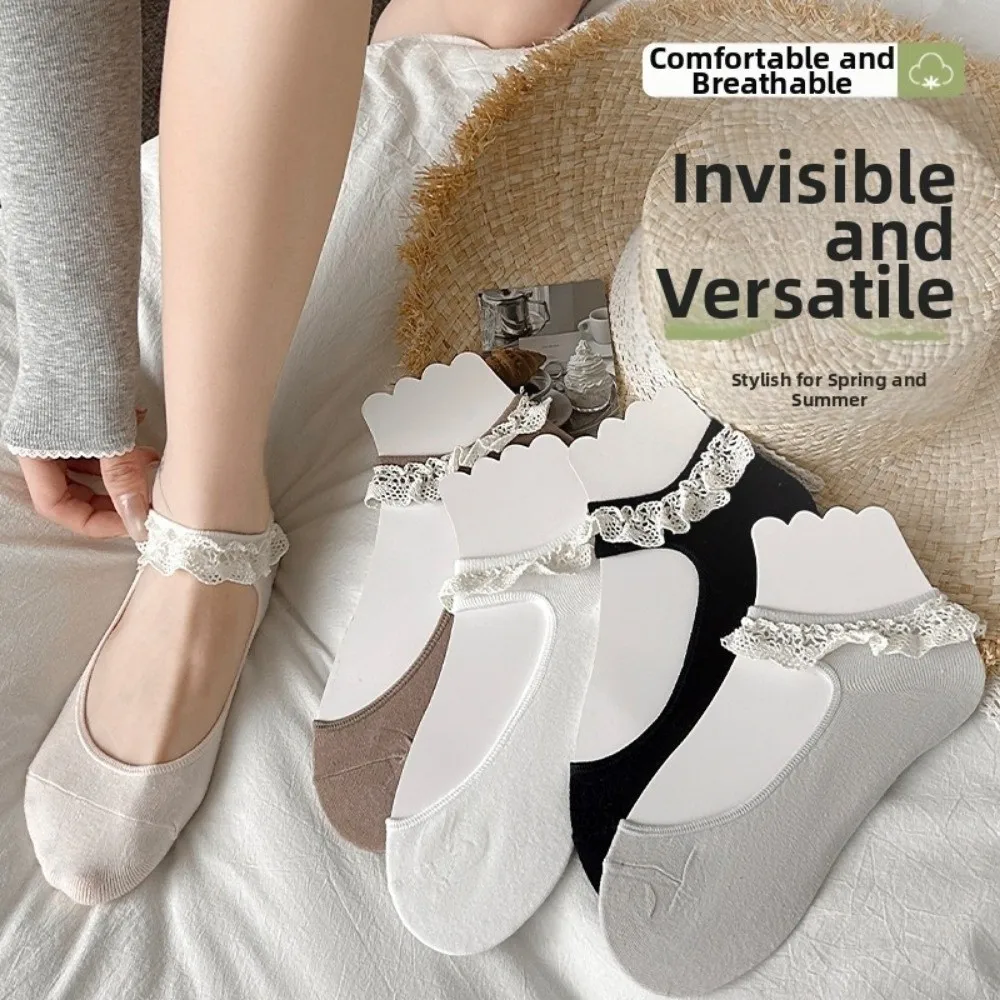 Fashion Lace Frill Boat Socks Thin Breathable Ankle Socks Hollow Out Ruffled Trim Low Cut Socks Casual