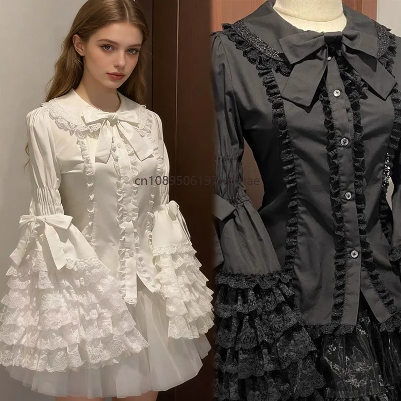 

Victorian Style White Black Lace Blouse Women Vintage Ruffle Layer Sleeve Lolita Top Elegant Bow Collar Shirt for Cosplay Party