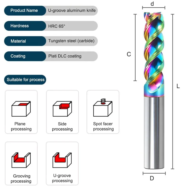 AZZKOR HRC65 3-Flute per alluminio U-groove fresa in acciaio al tungsteno Plati DLC rivestimento in metallo duro frese CNC utensili