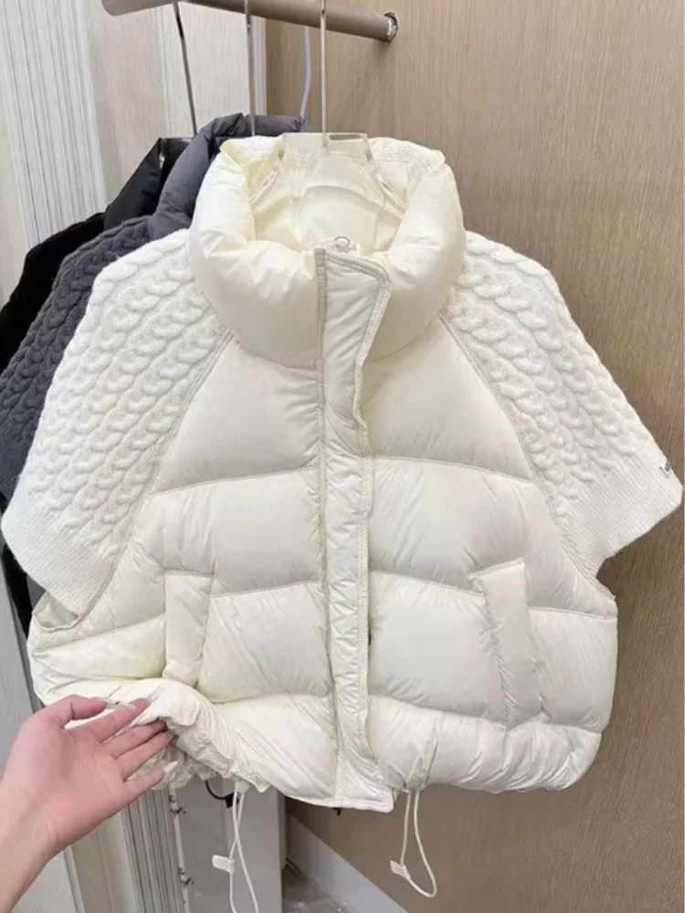 Winter Turtleneck White Duck Down Vest Women 2026 New Patchwork Knitted Warm Drawstring Short Soft Puffer Down Waistcoat