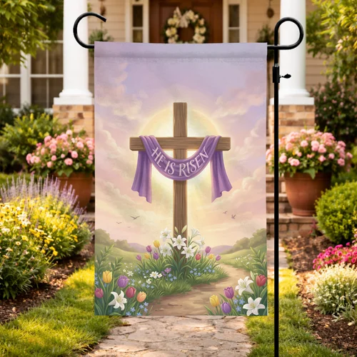 Easter Cross Garden Flag He Is Risen Flowers Religious Christian Yard Decor PPZ