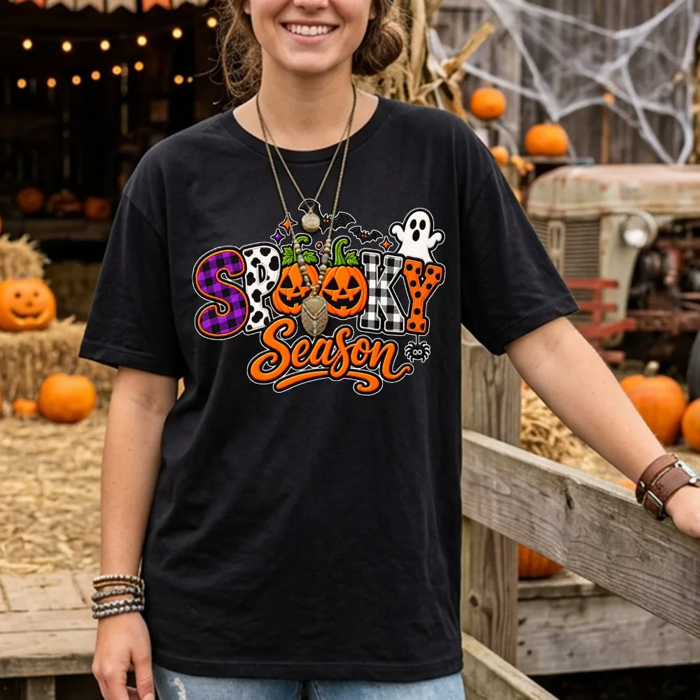 Spooky Season Halloween T Shirt Women Ghost Pumpkin Bat Graphic Tees Cotton Short Sleeve Loose Vintage Party Casual Tops
