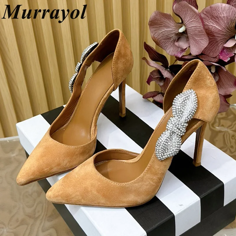 Cow Suede Shallow Mouth Thin Heel Sandals Women Pointed Toe Rhinestone Decor Single Shoes  Spring Summer Party Dress Shoes Pumps