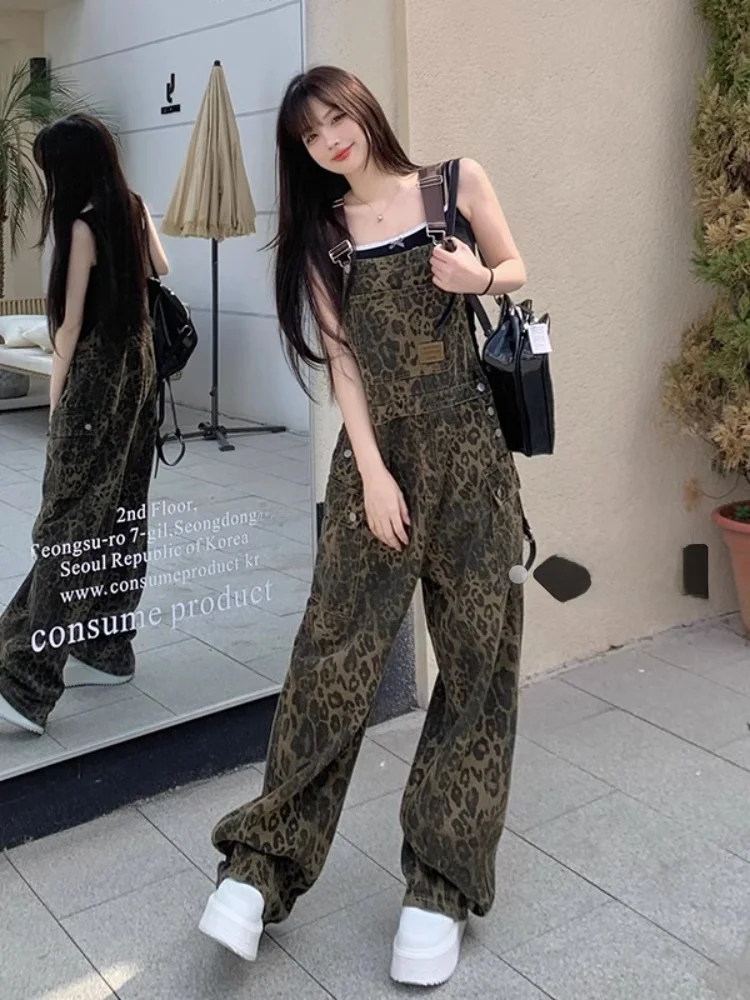 

plus Size American High Street Leopard Print Denim Overalls Women Summer Loose Casual Straight Leg Wide Leg Pants Workwear