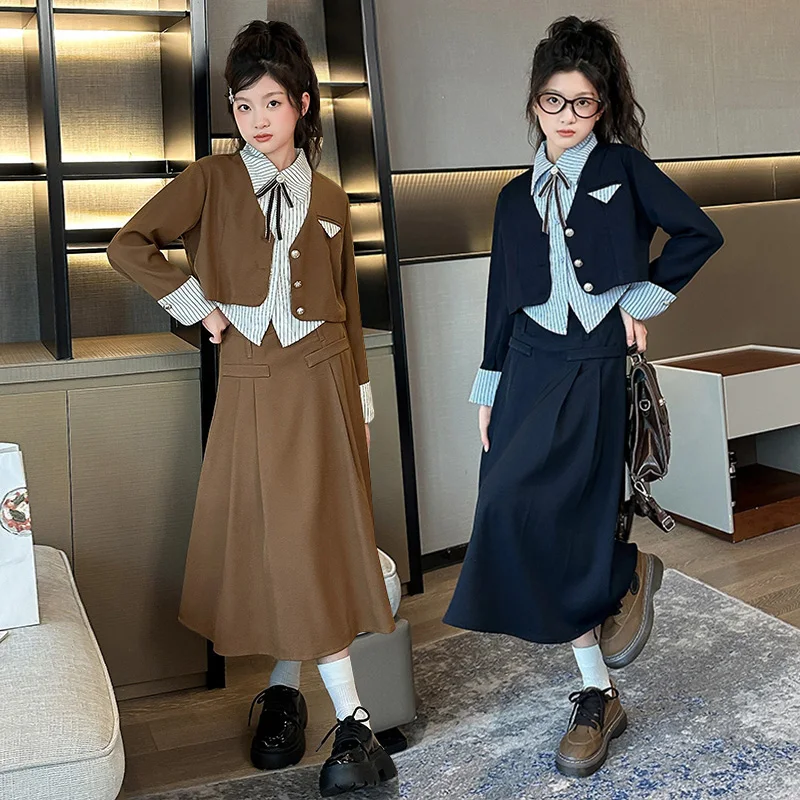 

autumn French teen girl clothes set Irregular stripe stitching top coat+Pleated long skirt 2pcs school kid JK suit child outfits