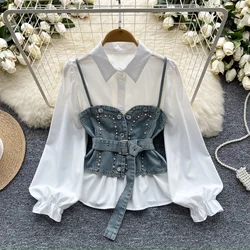 Retro Polo neck lantern sleeve sweet rhinestone Shirring Blouse Slim Single Shirt Women summer sweet Fashion Top