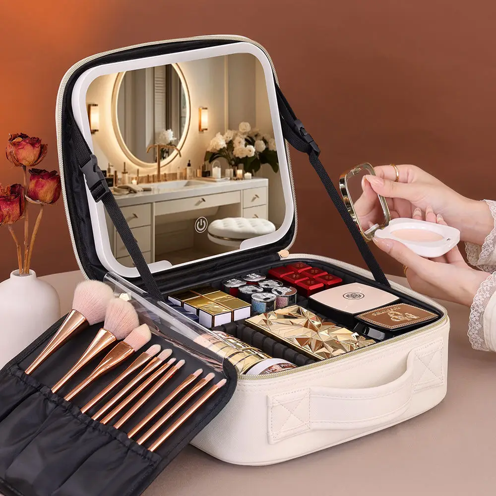 Travel Bags Box Led Light Large Capacity Makeup Case Storage Bag Waterproof PU Cosmetic Case with Led Lights and Mirror