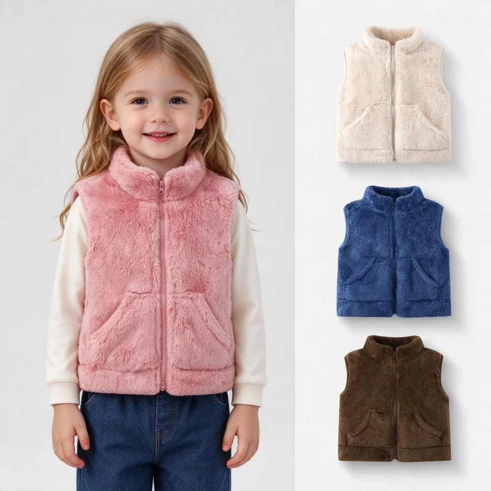 Baby Toddler Fleece Vest Solid Color Zipper Waistcoat Autumn Winter Warm Sleeveless Jacket For Infant Boys Girls Plush Outerwear