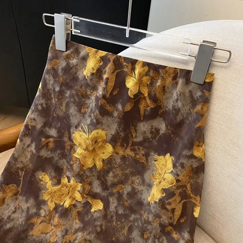 Vintage Yellow Chiffon Bodycon Mermaid Midi Skirt High-waist Floral Print Fishtail Skirt Women French Vintage Cottagecore Garden