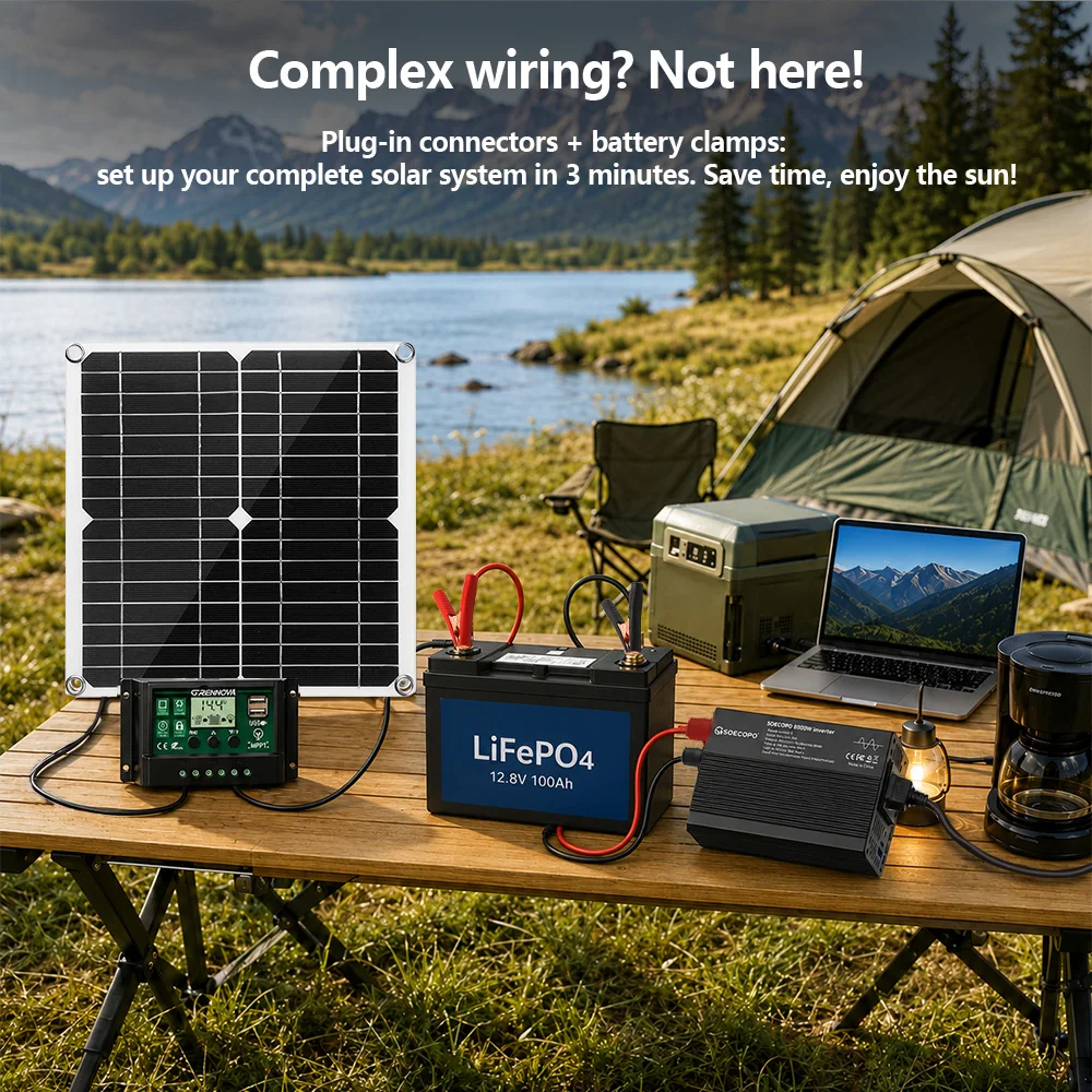 Outdoor Power 8000W PeakSolar Kit Lightweight Inverter DC12V to AC220V 300W Panel MPPT Controller Off Grid For Fishing Garden RV