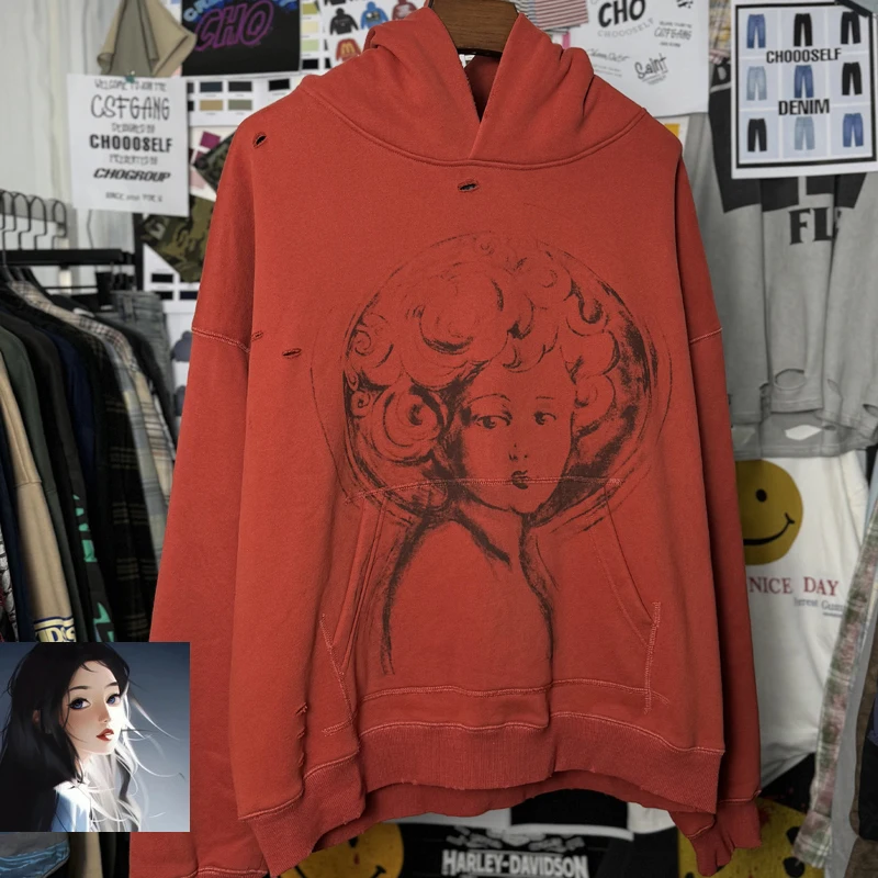 

Red SAINT Hand Drawn Graffiti Female Portrait Hoodie Men's Women's Clothing Vintage Wash Hole Damaged Loose Hooded Sweatshirts