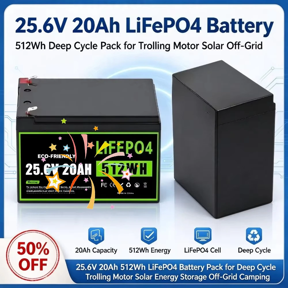 25.6V 20Ah 512Wh Rechargeable High Capacity LiFePO4 Battery for Deep Cycle Trolling Motor Solar Energy Storage Off-Grid Camping