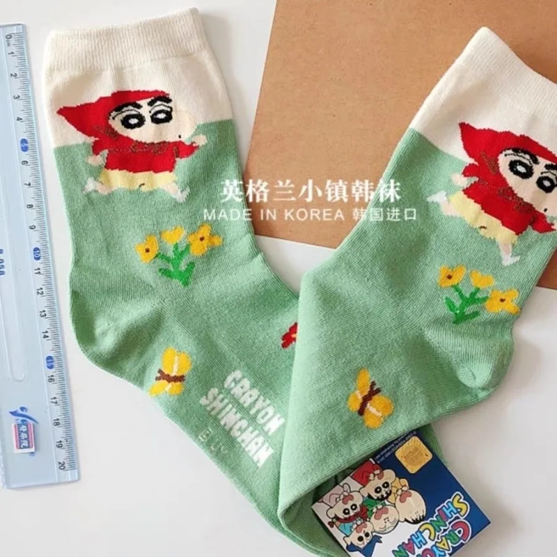 Kawaii Crayon Shin-Chans Nohara Himawari Nohara Shiros Cotton Socks Mid-Tube Socks Sweat Absorption Breathable Ins Girls Gift