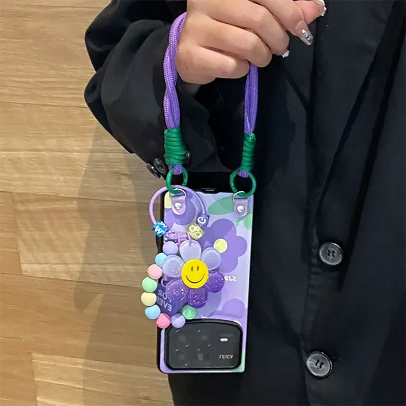 

For Xiaomi Mix Fold 2/Fold 3/Fold 4 Case cute Purple Smiling Sunflower Phone Case Kawaii Leather cover with hinge