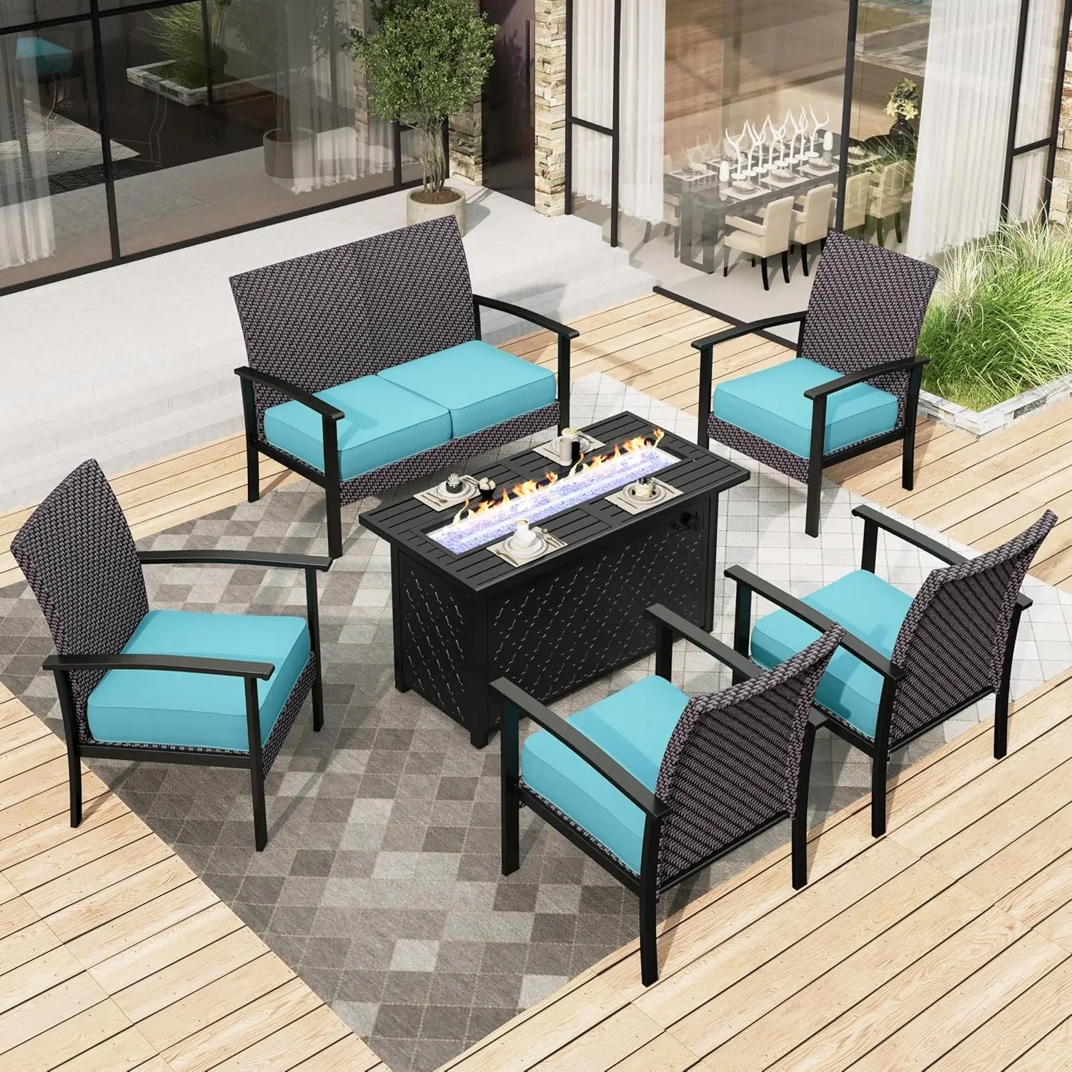 

6 Piece Furniture Set, 45" Fire Pit Table,4 X Wicker Chair And 2-Seat Lover Sofa, Outdoor Conversation Set For Lawn, Customized