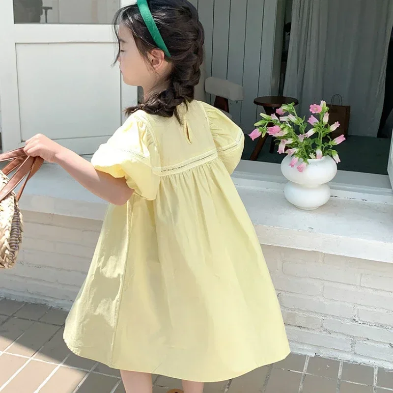 

Girls Dress Holiday Style Sweet Bubble Sleeve 2 3 4 5 6 7 8 Years Yellow Pink Knee-length Children's Clothing Princess Dresses