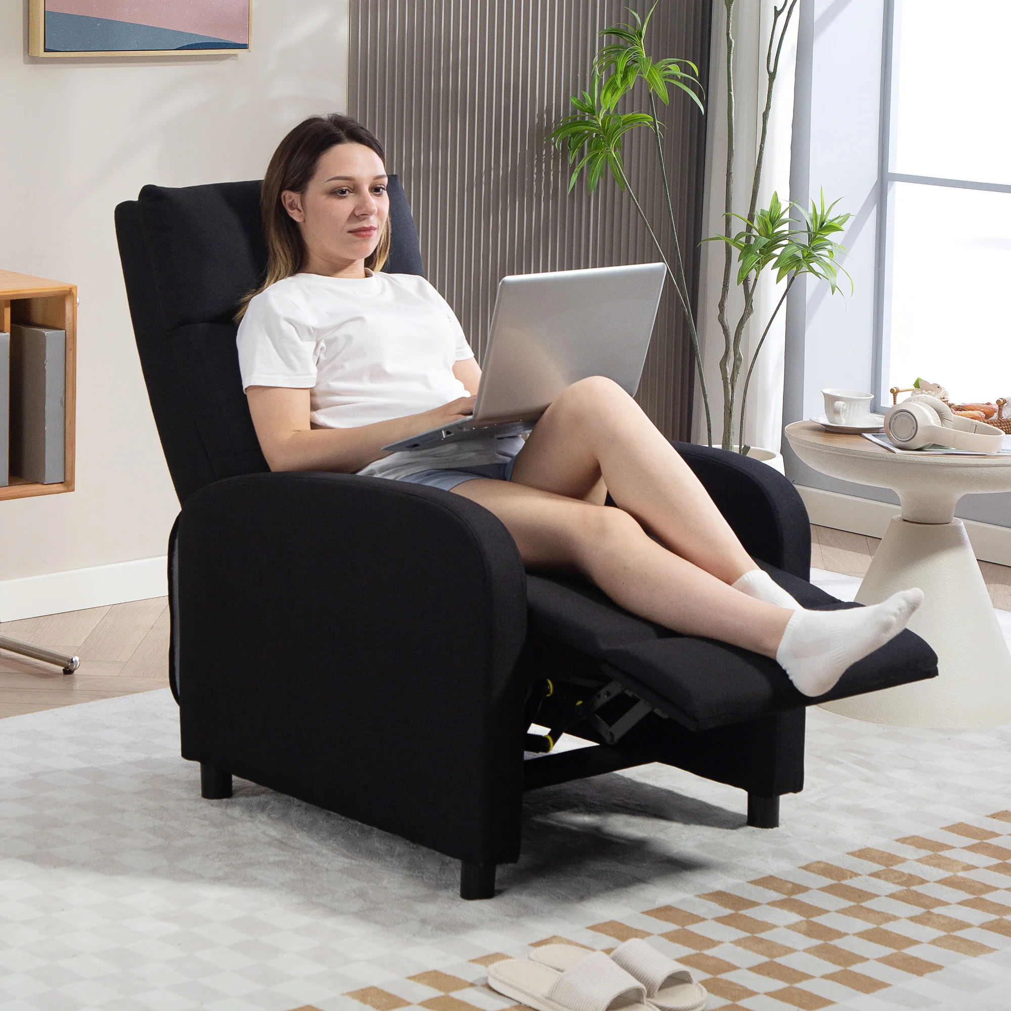 HOMCOM Relaxsessel, Fernsehsessel mit Liegefunktion, TV-Sessel mit Leinenoptik, Gepolstert Liegesessel mit Taschenfederkern, Ruhesessel bis 150 kg belastbar für Wohnzimmer, Schwarz