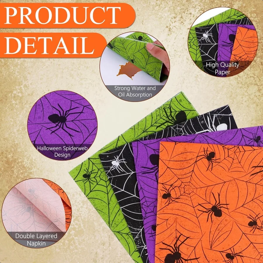 100 قطعة مناديل الهالوين على شبكة العنكبوت مناديل كوكتيل ورقية للحفلات والغداء والعشاء 4 ألوان لتزيين الطاولة المشروبات T