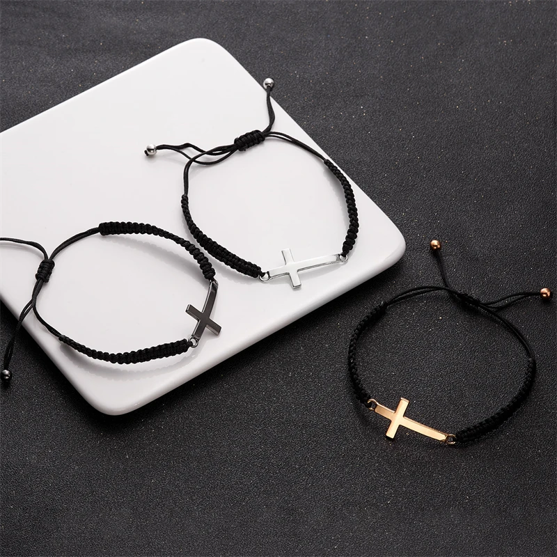 Hip Hop Edelstahl Kreuz geflochtenes Armband für Frauen Männer rot schwarz einfaches Paar verstellbare Handgelenk Armreif Christian Souvenir – Detail 16