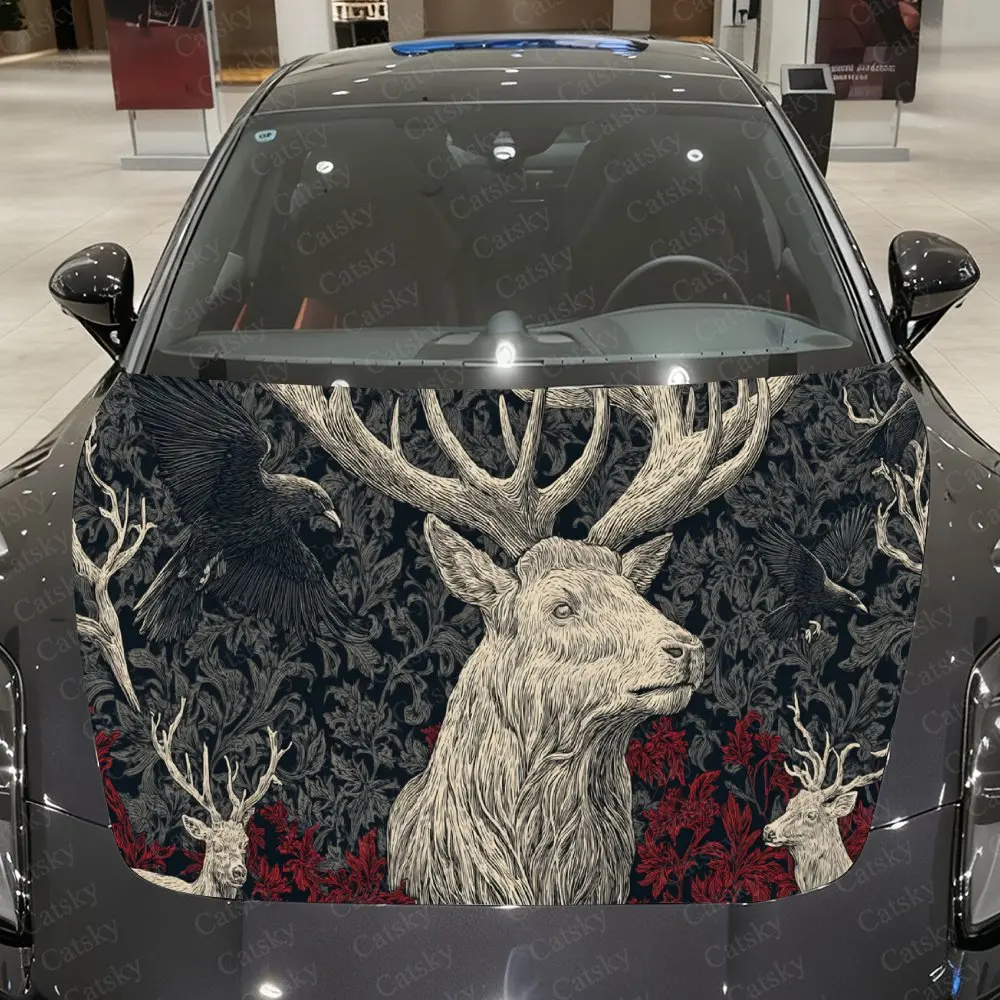 Vintage Deer Family Car Cover Decal, Auto Hood Sticker, Waterproof and Self-adhesive Auto Vinyl Wraps, Cool Car Exterior Decorat